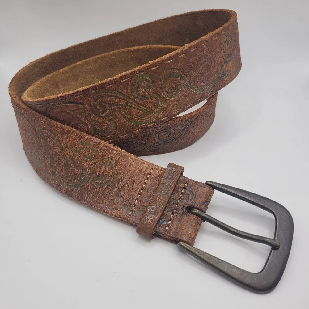Brown Leather Belt Small Floral Tooled Distressed Western Boho Cowgirl Artisan